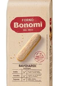 Forno Bonomi Savoiardi ladyfingers package, beige with red text and certification seal.