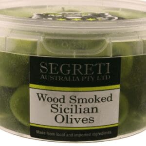 Clear plastic container of wood smoked Sicilian olives by Segreti Australia Pty Ltd.