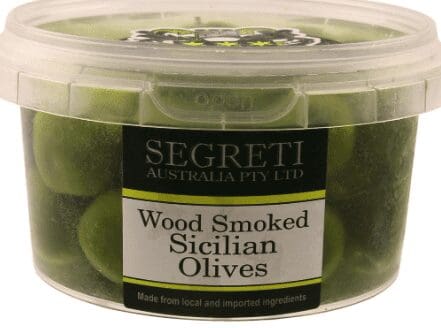 Clear plastic container of wood smoked Sicilian olives by Segreti Australia Pty Ltd.
