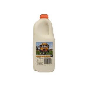 White plastic milk jug with red cap, countryside label, "REAL", and nutritional info.