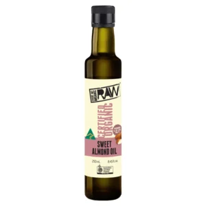 250 mL bottle of certified organic sweet almond oil with vitamins and Australian certification.