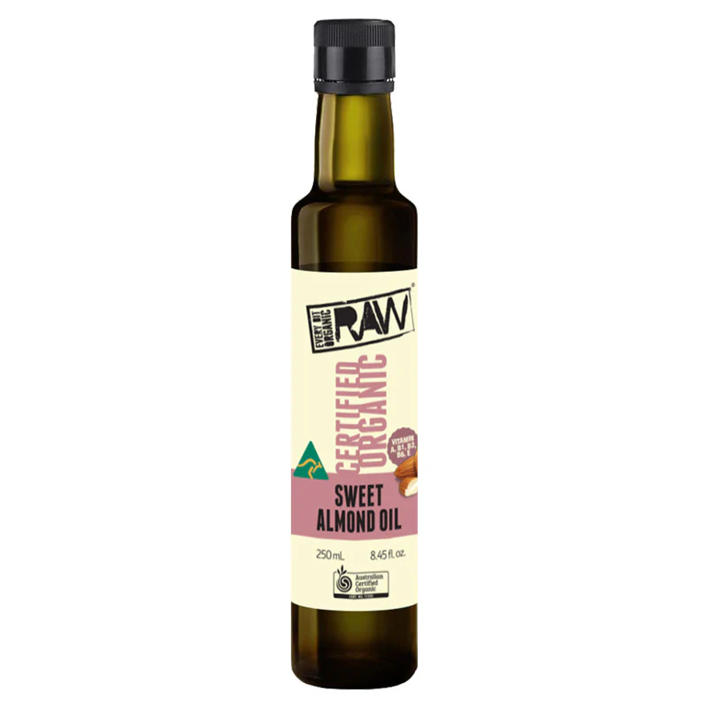 250 mL bottle of certified organic sweet almond oil with vitamins and Australian certification.