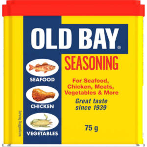 Old Bay Seasoning 75g container with red lid, for seafood, chicken, meats, and vegetables.