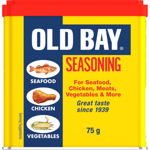 Old Bay Seasoning 75g container with red lid, for seafood, chicken, meats, and vegetables.