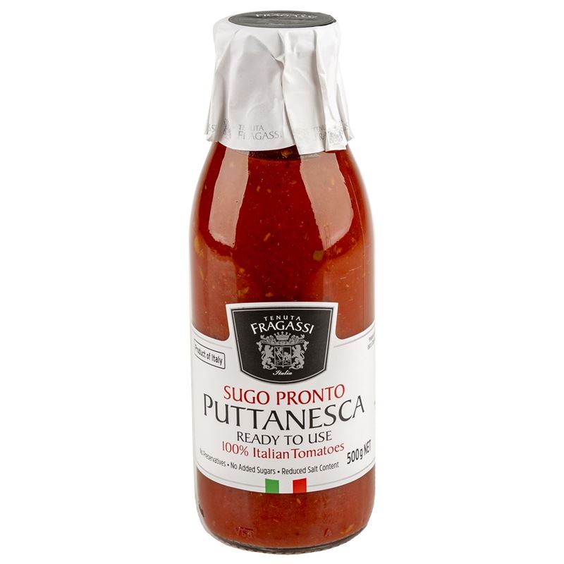 500g bottle of Tenuta Fragassi Puttanesca sauce with 100% Italian tomatoes, no preservatives.