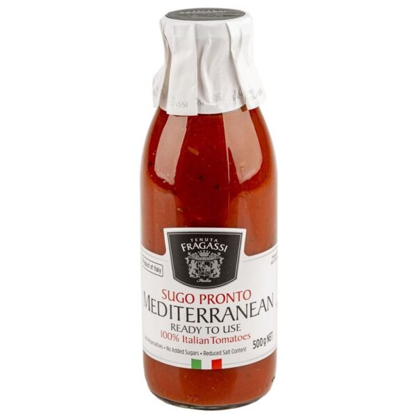 500g bottle of Tenuta Fragassi Mediterranean Sugo Pronto tomato sauce with no preservatives and reduced salt