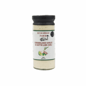 Jar of Myanbah Farm caramelised garlic and kaffir lime aioli, 220g, gluten-free with black lid.