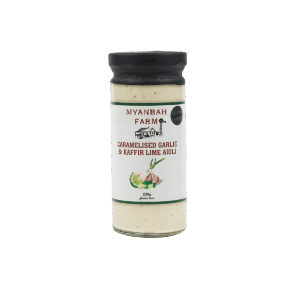 Jar of Myanbah Farm caramelised garlic and kaffir lime aioli, 220g, gluten-free with black lid.