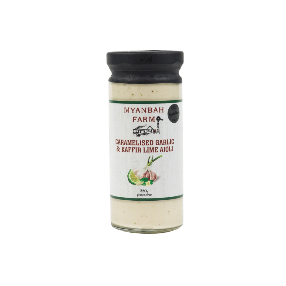 Jar of Myanbah Farm caramelised garlic and kaffir lime aioli, 220g, gluten-free with black lid.