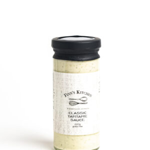 Glass jar of Finn's Kitchen Classic Tartare Sauce 220g gluten free with black lid and white label