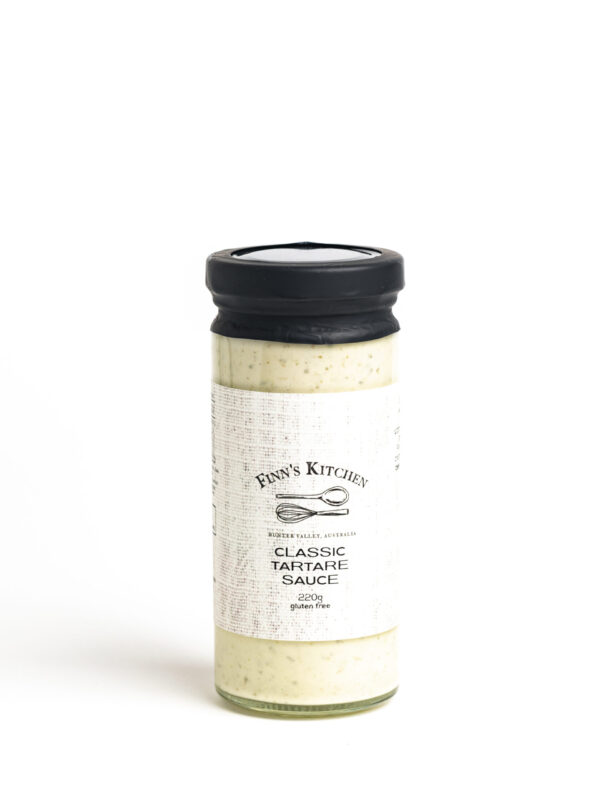 AAMayo-Tartare-scaled Glass jar of Finn's Kitchen Classic Tartare Sauce 220g gluten free with black lid and white label