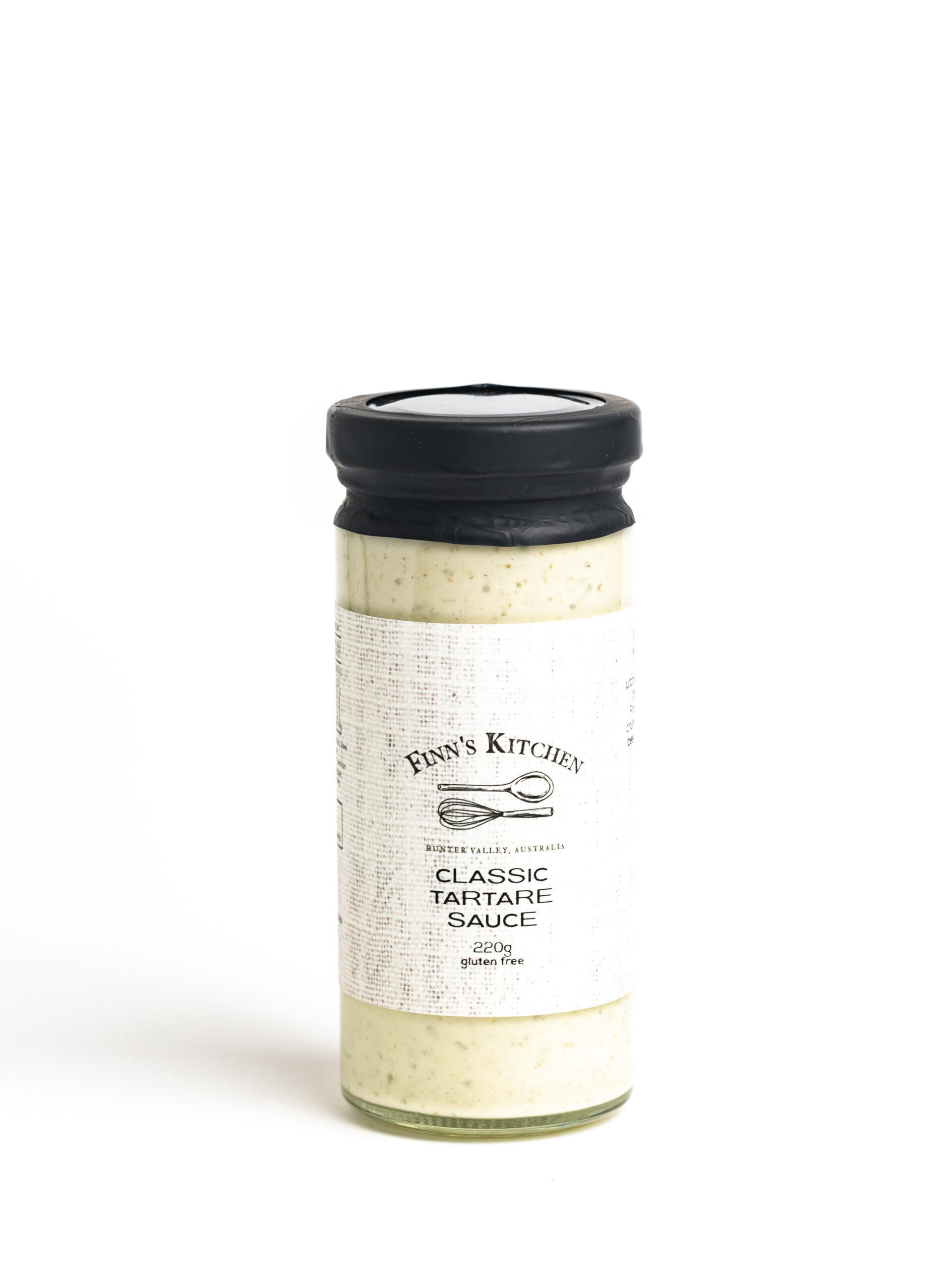 Glass jar of Finn's Kitchen Classic Tartare Sauce 220g gluten free with black lid and white label