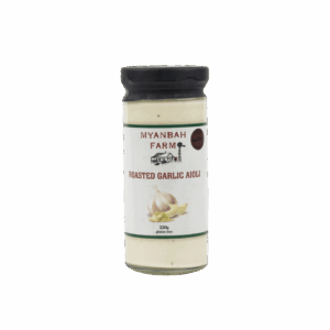 Myanbah Farm Roasted Garlic Aioli glass jar with black lid, garlic image, gluten free, 220g.