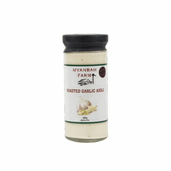 Myanbah Farm Roasted Garlic Aioli glass jar with black lid, garlic image, gluten free, 220g.