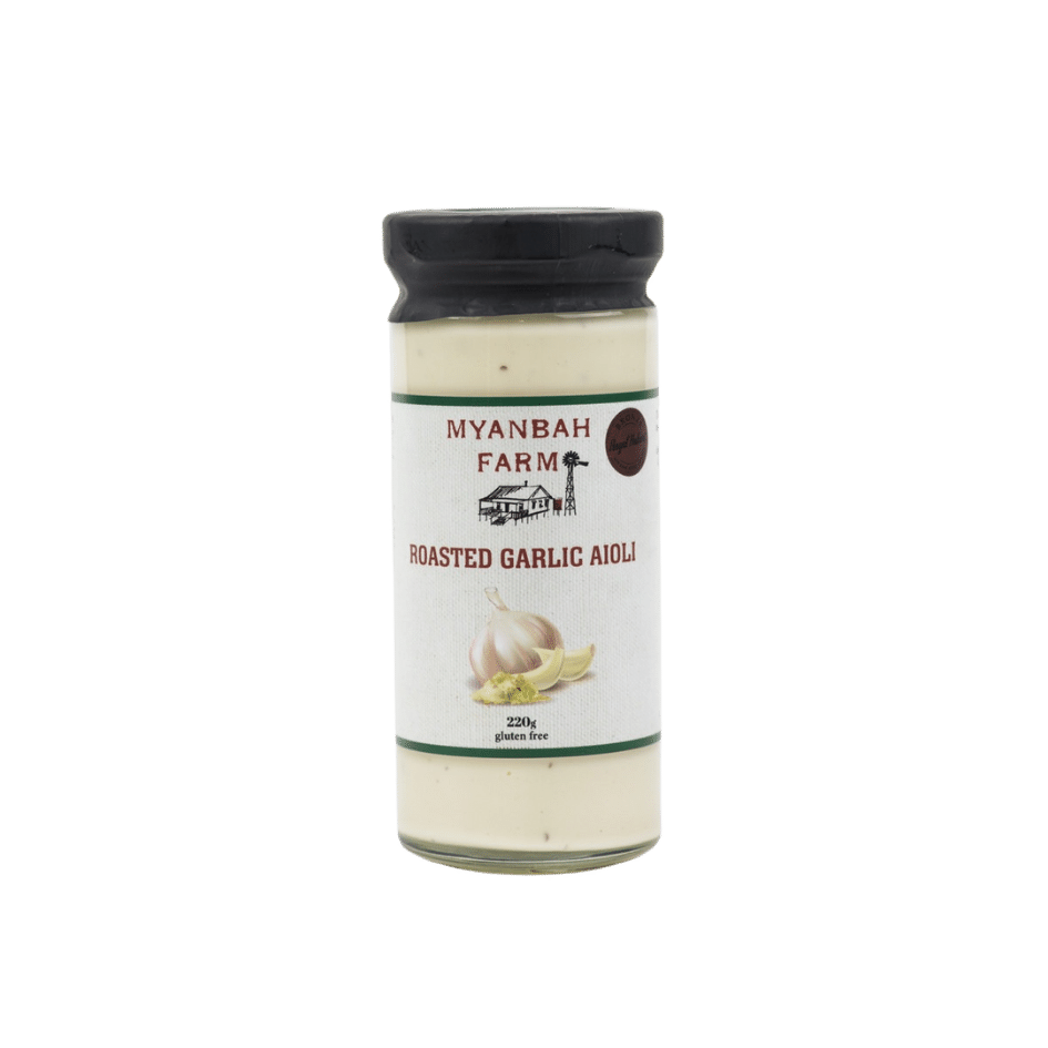 Myanbah Farm Roasted Garlic Aioli glass jar with black lid, garlic image, gluten free, 220g.