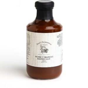 500ml brown glass bottle of Honey Mango Barbeque sauce from Finn's Smokehouse, gluten-free.