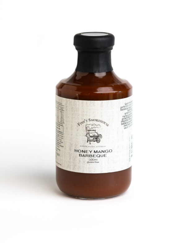 AASmokehouse-Honey-Mango-BBQ-scaled 500ml brown glass bottle of Honey Mango Barbeque sauce from Finn's Smokehouse, gluten-free.