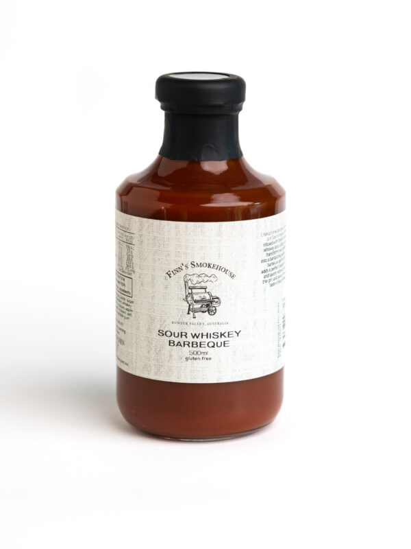 AASmokehouse-Sour-Whiskey-BBQ-scaled 500ml glass bottle of Finn's Smokehouse Sour Whiskey Barbeque sauce with a beige label and black cap