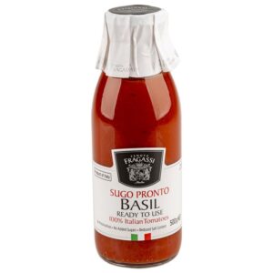 500g glass bottle of Tenuta Fragassi basil tomato sauce ready to use with no preservatives.