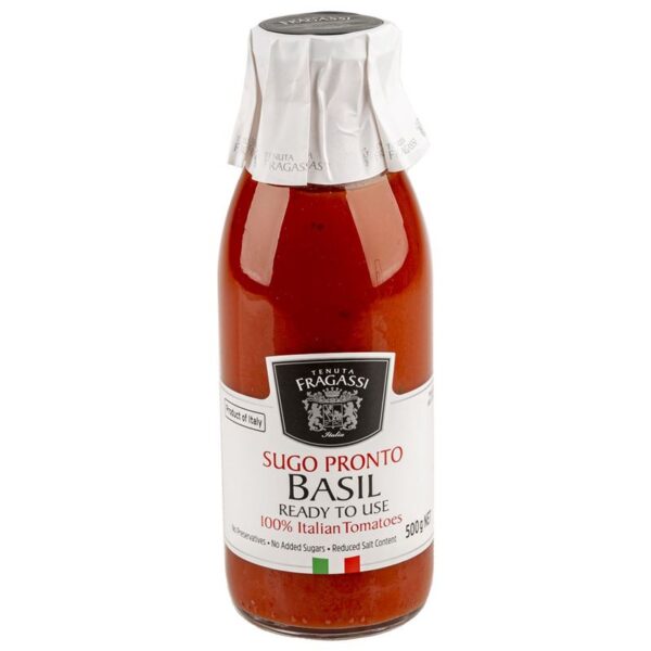 500g glass bottle of Tenuta Fragassi basil tomato sauce ready to use with no preservatives.