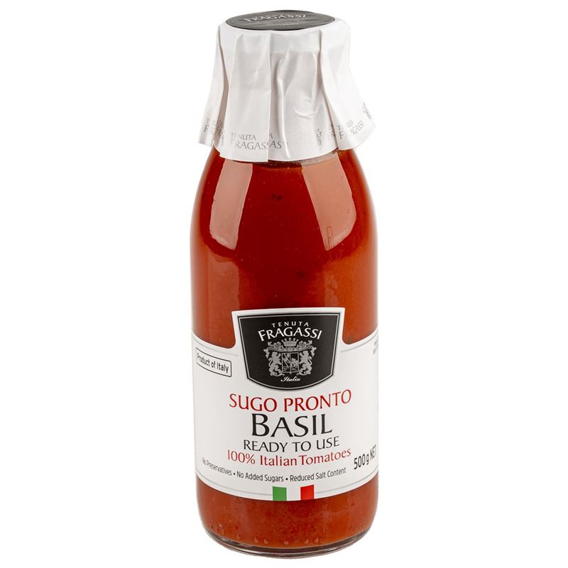 500g glass bottle of Tenuta Fragassi basil tomato sauce ready to use with no preservatives.