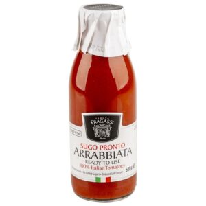 500g glass bottle of Tenuta Fragassi Arrabbiata sauce with 100% Italian tomatoes, no preservatives, and reduced salt.
