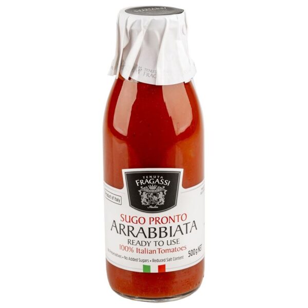 500g glass bottle of Tenuta Fragassi Arrabbiata sauce with 100% Italian tomatoes, no preservatives, and reduced salt.