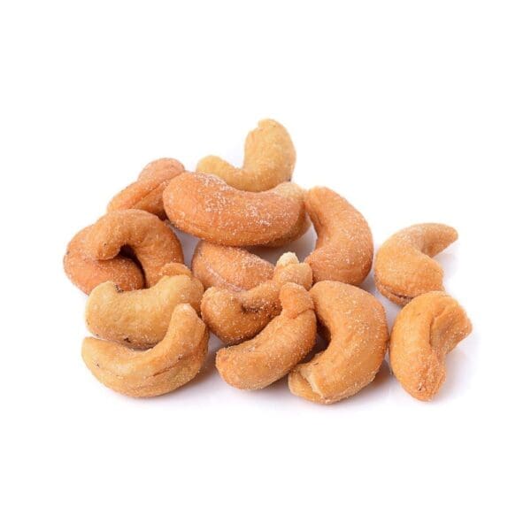 AEGEAN CASHEWS SALT ROASTED Roasted and salted cashew nuts on a white background.