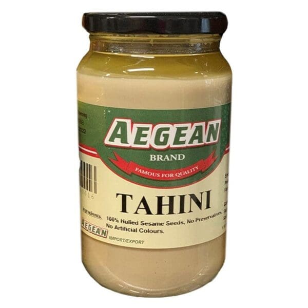 Aegean brand tahini jar with 100% hulled sesame seeds; no preservatives or colors.