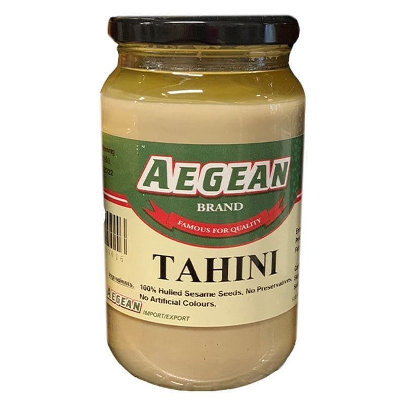 Aegean brand tahini jar with 100% hulled sesame seeds; no preservatives or colors.