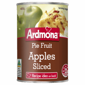 Can labeled "Ardmona Pie Fruit Apples Sliced," 400g, Australia, 4.5 health stars, recipe on back.