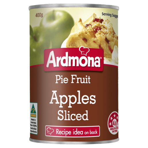 Can labeled "Ardmona Pie Fruit Apples Sliced," 400g, Australia, 4.5 health stars, recipe on back.