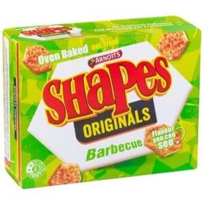 Arnott's Shapes Originals BBQ flavor, oven baked, green and white packaging.