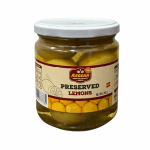 Jar of Aegean preserved lemons in liquid, white lid, 360g.