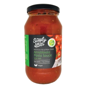 Simply Wize gluten-free Arrabbiata pasta sauce with chili, no garlic, no onion, vegan, FODMAP friendly.