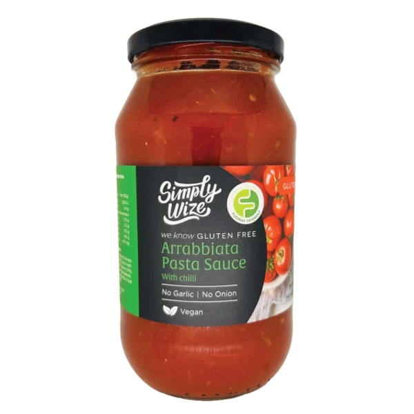 Simply Wize gluten-free Arrabbiata pasta sauce with chili, no garlic, no onion, vegan, FODMAP friendly.