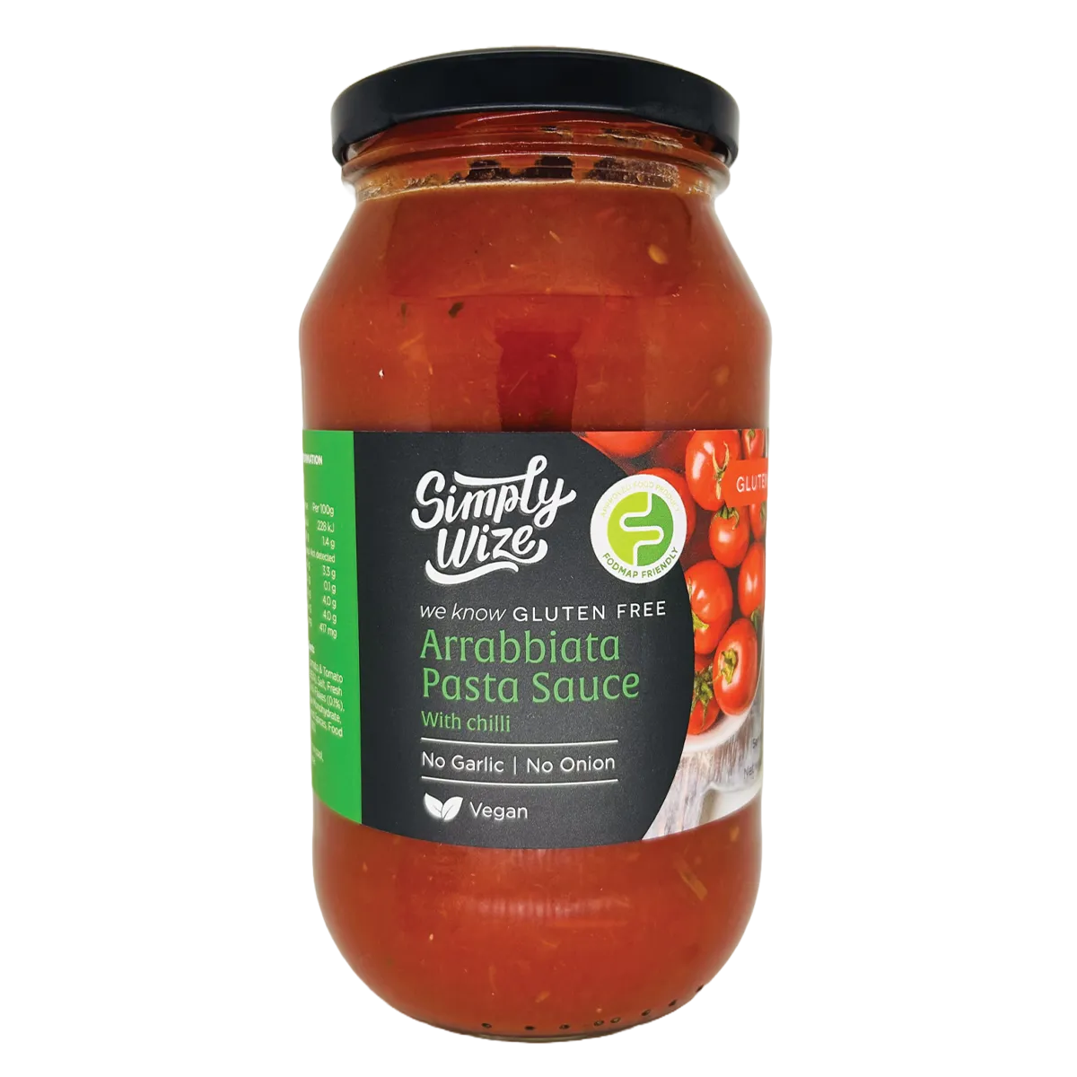 Simply Wize gluten-free Arrabbiata pasta sauce with chili, no garlic, no onion, vegan, FODMAP friendly.