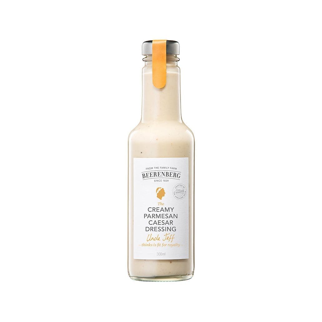 Beerenberg Creamy Parmesan Caesar Dressing, 300ml glass bottle with label and white cap.