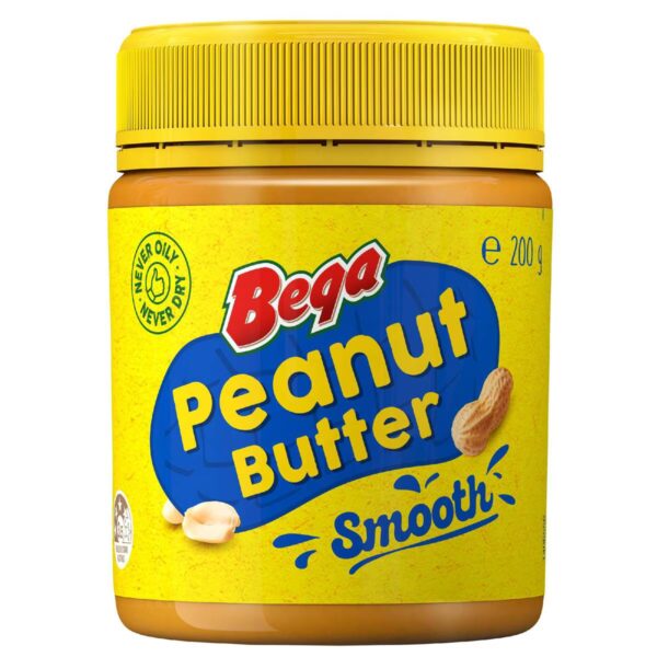 Jar of smooth Bega Peanut Butter, yellow label, 200g, text "Never Oily, Never Dry."
