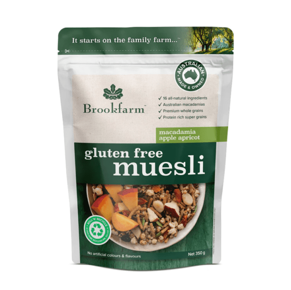 BROOKFARM MUESLI GLUTEN FREE MACADAMIA APRICOT APPLE MUESLI BROOKFARM MUESLI GLUTEN FREE MACADAMIA APRICOT APPLE MUESLI