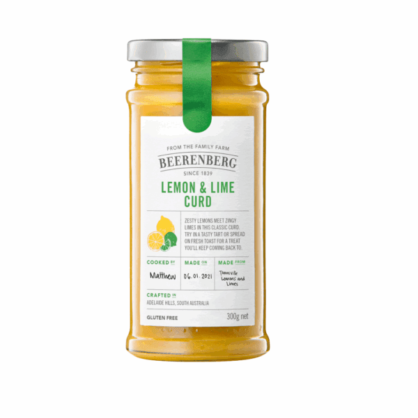 Beerenberg Lemon & Lime Curd Jar of gluten-free Beerenberg Lemon & Lime Curd, 300g, made in Adelaide Hills, dated 6 Jan 2021.