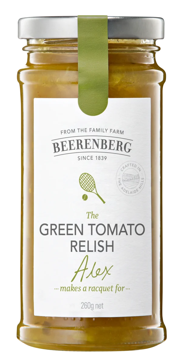 Glass jar of Beerenberg Green Tomato Relish Alex, 260g, crafted in the Adelaide Hills.