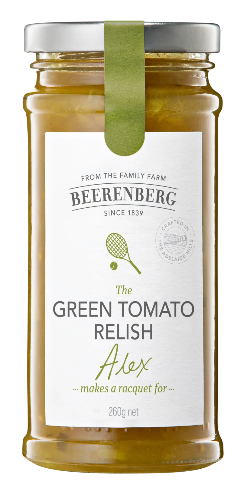 Glass jar of Beerenberg Green Tomato Relish Alex, 260g, crafted in the Adelaide Hills.