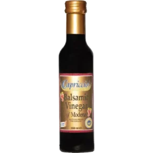 250 ml Capriccio Balsamic Vinegar of Modena bottle, dark glass with golden cap and label.