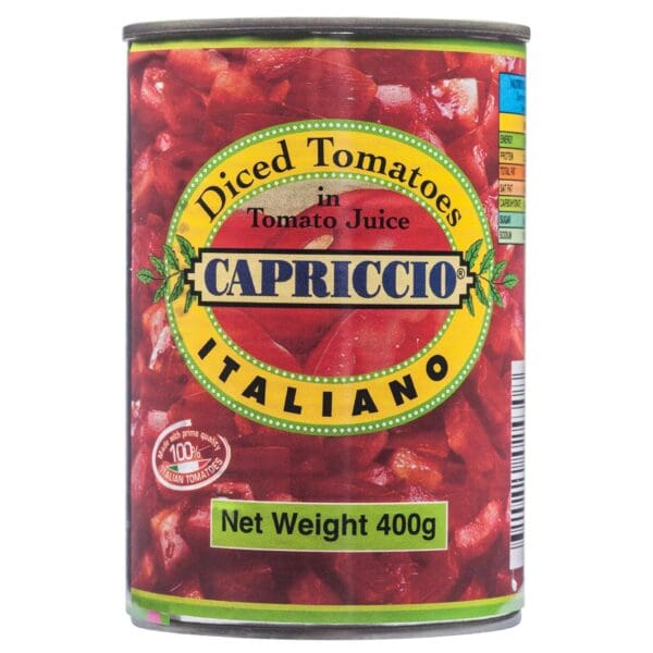 Can of Capriccio Italiano diced tomatoes, 400g, 100% Italian, with red-yellow label and nutrition info.
