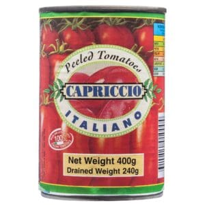 Can of Capriccio Italiano peeled tomatoes, 400g net, 240g drained, with nutritional info.