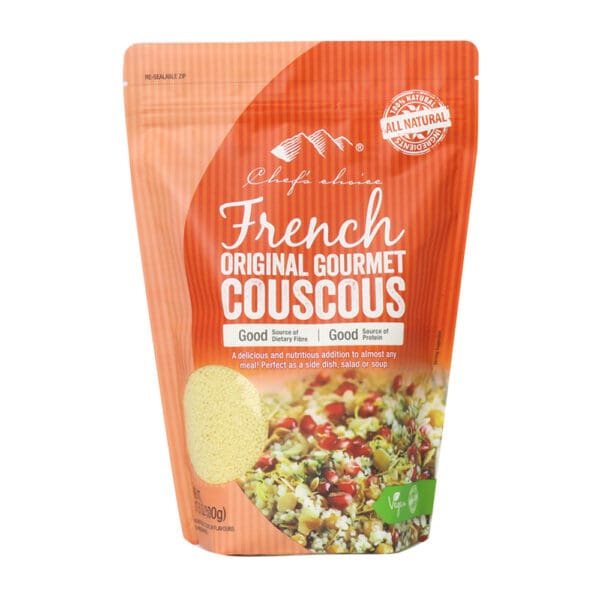 CHEFS CHOICE GOURMET FRENCH COUSCOUS Package of French Original Gourmet Couscous, orange with nutritional info and see-through window.