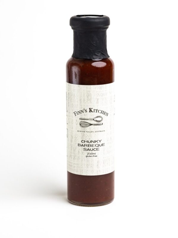 Finn's Kitchen 250ml glass bottle of gluten free chunky barbeque sauce from Hunter Valley Australia