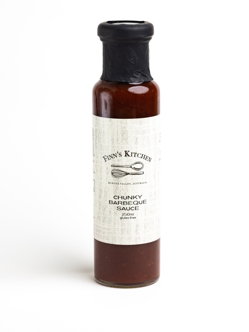 Finn's Kitchen 250ml glass bottle of gluten free chunky barbeque sauce from Hunter Valley Australia