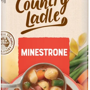 Campbell's Country Ladle Minestrone soup can, no artificial colors or flavors, made in Australia.